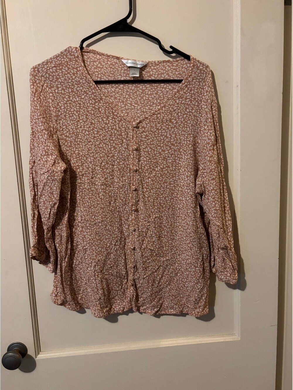 Christopher & Banks Women's Button-Up Blouse Size L Peach and White Pattern